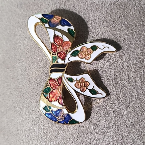 Vintage 1980's Gold Tone Cloisonne Bow Brooch Floral Enamel - Picture 5 of 11